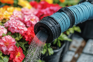 Canvas Print - Soaker Hose: A Soaker Hose Winding Through A Vibrant Garden, Water Droplets Glistening In The Sunlight