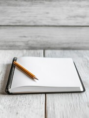 Poster - Open notebook with a pencil ready for ideas on a bright wooden desk in a serene workspace. Generative AI