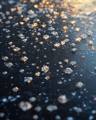 Poster - dazzling water droplets illuminate black surface close-up artistic environment