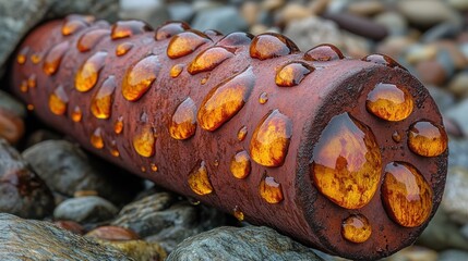 Sticker - Wet rusty pipe, pebble beach, sunset reflection, industrial