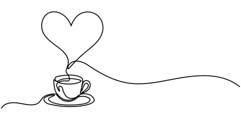 Hot coffee cup with heart shape aroma steam in continuous line art drawing style. Black linear design isolated on white background. Vector illustration, One line drawing of cup coffee with heart. One 