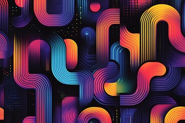 Poster - Abstract vibrant neon gradient stripes, curves, and geometric shapes on dark background.