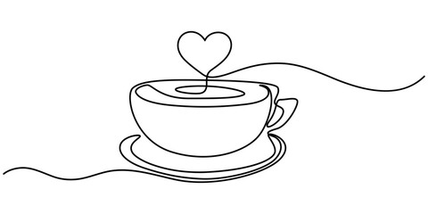 Wall Mural - Hot coffee cup with heart shape aroma steam in continuous line art drawing style. Black linear design isolated on white background. Vector illustration, One line drawing of cup coffee with heart. One 