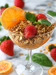 Wall Mural - Granola parfait in a stemmed glass, adorned with fresh strawberries, orange slice, and mint leaves.