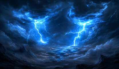 Wall Mural - a dramatic blue lightning storm with two powerful bolts of lightning strikes the ground, creating an