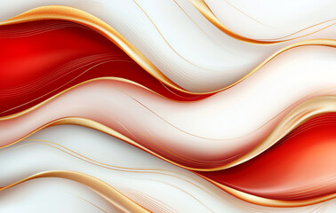 Poster - Abstract background with flowing red, white, and gold waves creating dynamic and elegant visual. smooth curves evoke sense of movement and sophistication