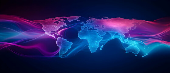Poster - A vibrant digital world map illuminated with flowing colors, symbolizing global connectivity and technological advancement.