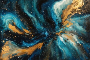 Wall Mural - cosmic nebula explosion, swirling colors of blue and gold, star clusters, dynamic energy bursts