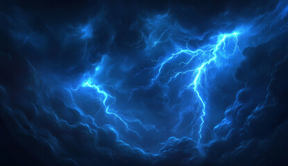 Wall Mural - a dramatic blue lightning storm with two powerful bolts of lightning strikes the ground, creating an