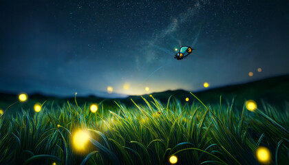 Wall Mural - firefly on a grass area at night