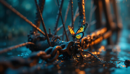 macro photography, spider in web, dewdrops, golden hour light, teal background, intricate details, shallow depth of field, arachnid, nature close-up, moody atmosphere, delicate silk strands, glistenin