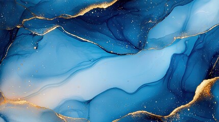 Wall Mural - Abstract blue and gold fluid art with flowing shapes and textures.