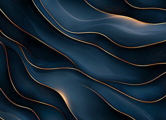 Poster - Elegant dark blue waves with golden outlines create stunning abstract design. smooth curves and shimmering accents evoke sense of luxury and sophistication