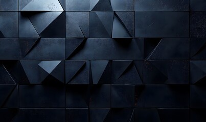 Poster - Abstract dark geometric background with triangular patterns and textured surface forming a dimensional wall