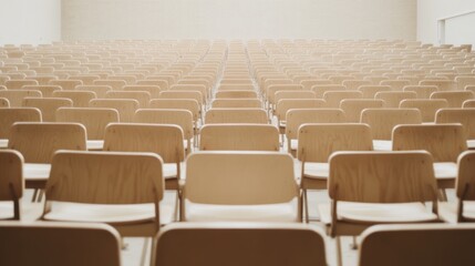 Wall Mural - Empty lecture hall, rows of wooden chairs, bright interior, presentation space