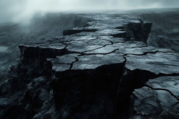 Dark and desolate landscape featuring a cracked path extending into the fog, creating a mysterious and eerie atmosphere