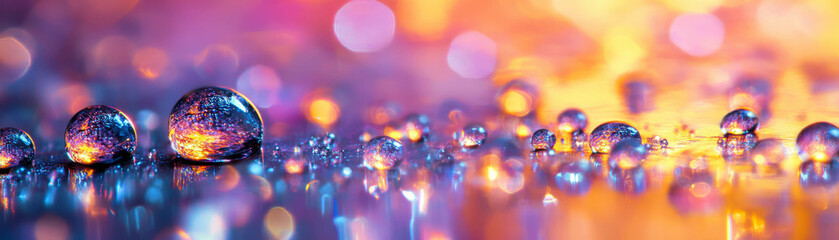 Poster - Droplets create a vibrant mosaic with colorful reflections and varied sizes in bright light
