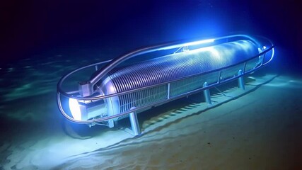 Poster - Futuristic wave energy converter lying on the seabed, illuminating the surrounding water with its blue lights, generating clean energy from the ocean's power