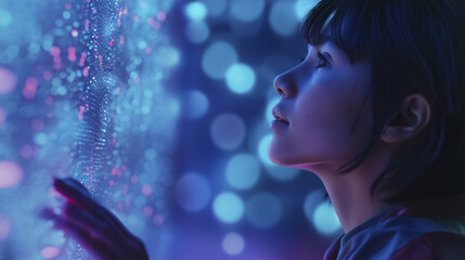 Poster - woman gazes at glowing digital interface, her face illuminated by vibrant blue and pink lights. scene conveys sense of wonder and futuristic technology