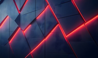 Poster - Abstract geometric pattern with illuminated red lines on dark surface for backgrounds