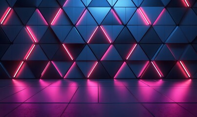Poster - Abstract 3D geometric background with triangles and pink neon lights in dark blue