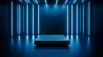 Poster - Futuristic room with glowing blue lights and minimalist design, perfect for modern art or technology themes.