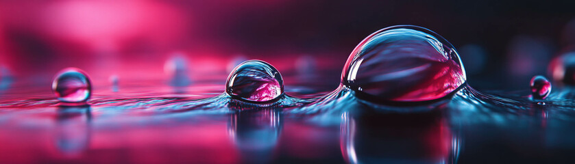 Poster - Droplets on dark surface creating reflections and sharp patterns with bright background