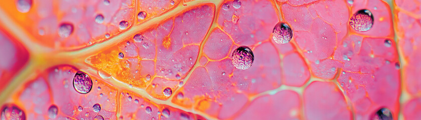 Poster - Droplets resting on a leaf reflecting vibrant colors of the background