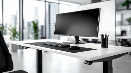 Poster - Modern office workspace featuring a sleek desk, computer, and stylish decor, ideal for productivity and creativity.