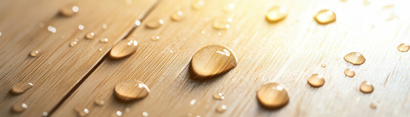 Poster - Droplets resting on a light wooden surface create a calming and bright background