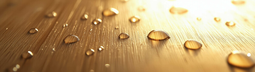 Poster - Droplets glisten on a light wooden surface with soft shadows and bright reflections