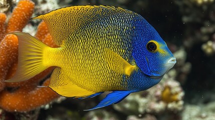 Wall Mural - Yellow-blue angelfish swims coral reef background aquarium