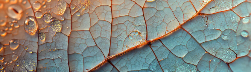 Poster - Bright droplets on a textured leaf showcasing intricate vein patterns and reflections
