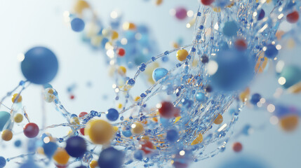 Poster - dynamic swirl of colorful spheres and lines creates abstract representation of molecular structures, evoking sense of futuristic technology and innovation