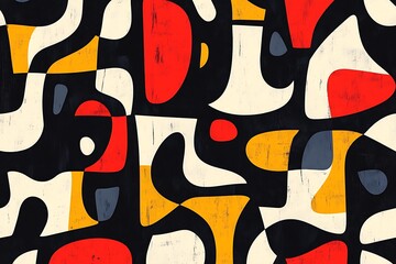 Poster - Abstract artwork featuring red, yellow, off-white, and gray shapes on a black background with a textured effect.