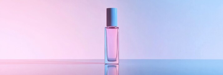 Sticker - Sleek cosmetic bottle on reflective surface with soft pastel background and space for custom text display. Generative AI