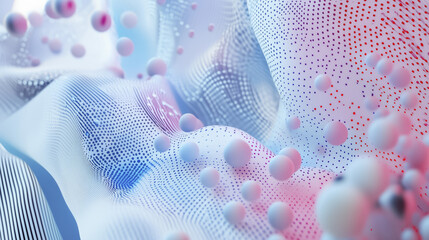 Poster - Abstract digital art featuring flowing waves and floating spheres dynamic composition. image showcases blend of blue and red hues with intricate dot patterns, creating futuristic and immersive