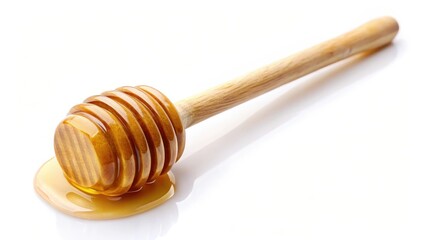 Sticker - Wooden Honey Dipper with Honey Dripping on White Background