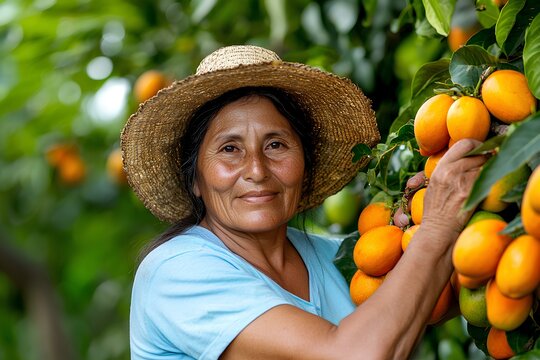A hardworking Mexican female farmer in a blue shirt and a straw hat harvests fresh yellow mangoes in a tropical orchard.