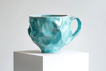 Poster - Unique teal ceramic mug with an artistic design displayed on a white pedestal in a gallery setting