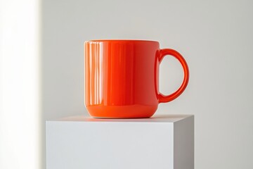 Poster - Bright orange ceramic mug showcasing minimalist design on a white pedestal in a modern interior setting