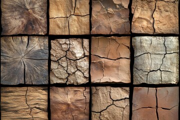 Aufkleber - Textures of wood and stone arranged in a grid showcasing natural patterns and colors