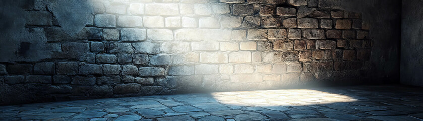 Poster - Brightly lit empty room with rough brick walls and stone floor creating a unique atmosphere