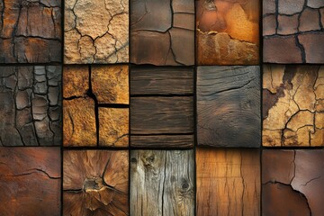 Aufkleber - Variety of textured wood and stone surfaces showcasing natural patterns and colors in a structured layout