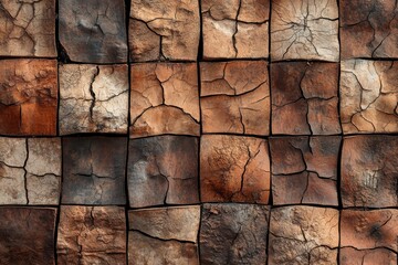 Aufkleber - Textured wooden blocks arranged in a grid showcasing natural patterns and colors in a rustic setting