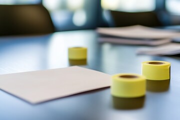 Poster - Workspace with yellow tape and blank sheets on a table during a creative project in a bright setting