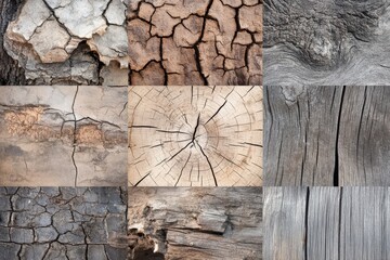 Aufkleber - Various textures of aged wood displayed in a grid pattern showcasing natural wear and patterns