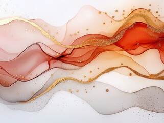 Poster - Elegant abstract design featuring flowing waves of red, orange, and white with gold glitter accents, creating luxurious and artistic feel