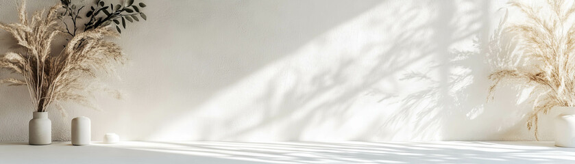 Poster - Bright and airy space features white walls and floor illuminated by soft ambient light