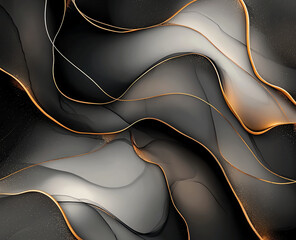 Poster - Abstract black and white alcohol ink painting with golden accents, showcasing flowing waves and smooth curves that create sense of depth and elegance
